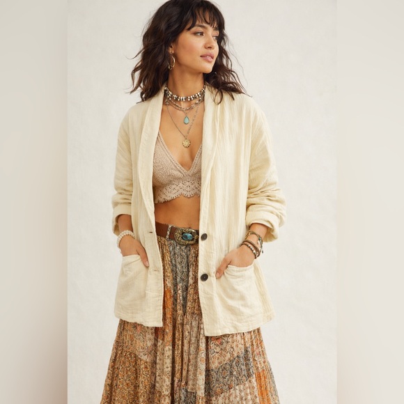 Free People Cream Gauze Oversized Blazer Jacket Size M